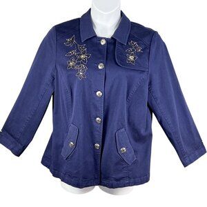 Susan Graver Womens 1X Metal Floral 3D Embellished Jacket Pockets Art To Wear